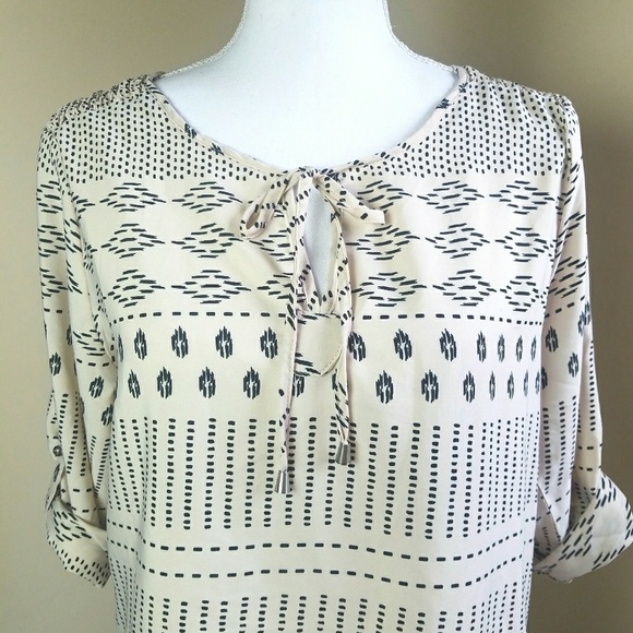 Antilia Femme tunic peasant blouse sz M Tan Beige Black Boho - Picture 2 of 8